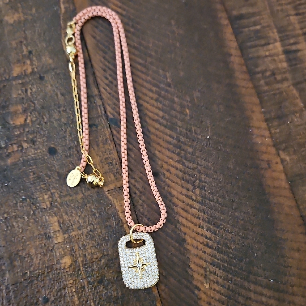Rose-Pink Cord Necklace with Pave Crystal Star Pendant